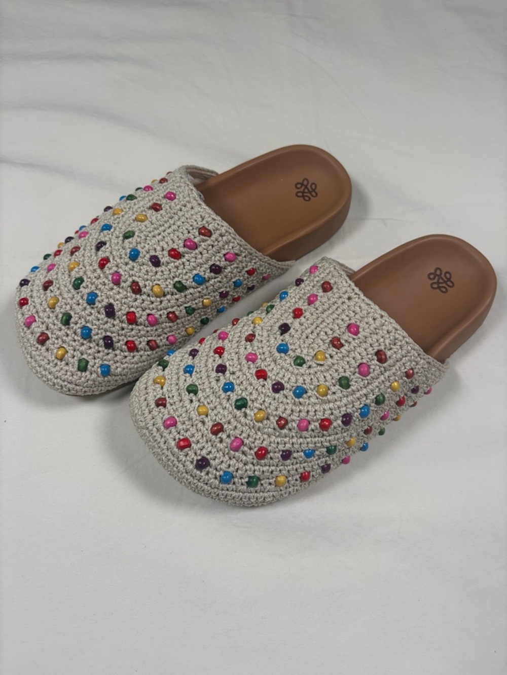 The Sak Crochet Beaded Mules in Cream with Multicolor Beads